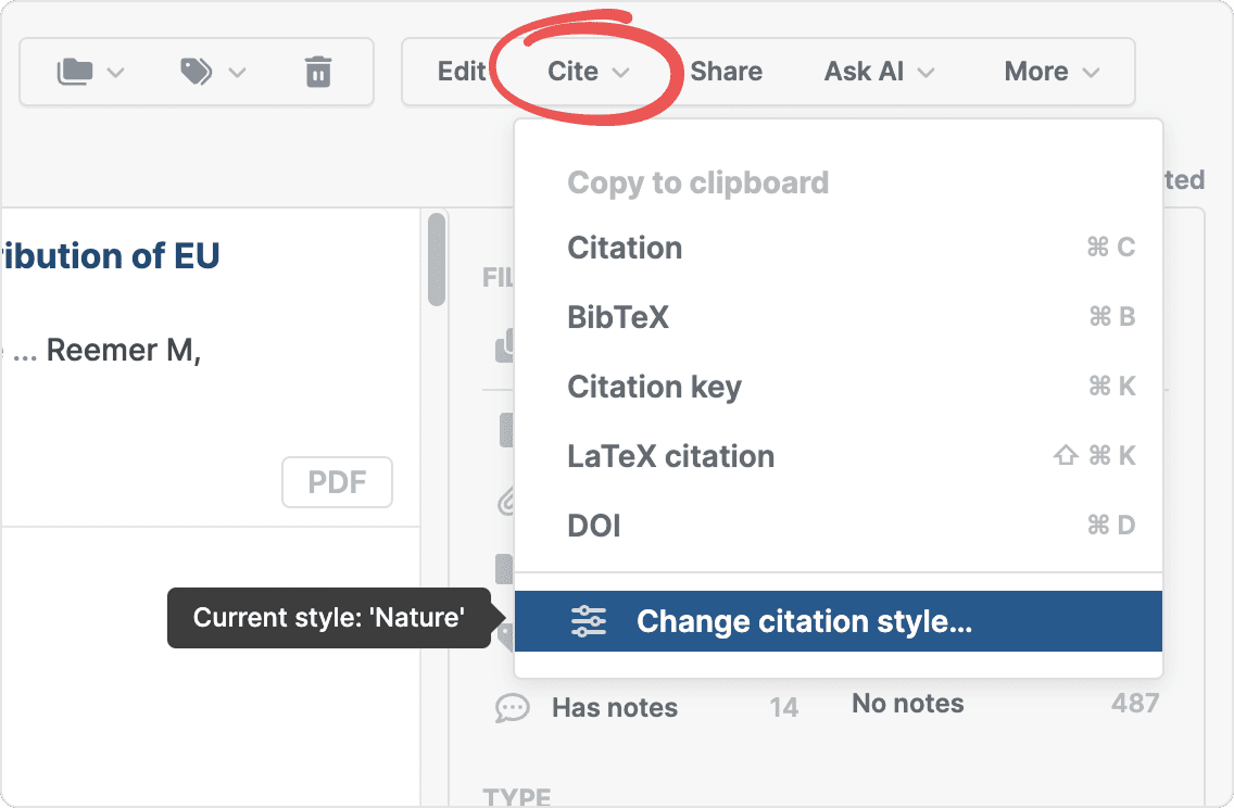 The circled Cite menu open on a “Copy to clipboard” list — Citation, BibTeX, Citation key, LaTeX citation and DOI — above a highlighted “Change citation style…” and a tooltip reading “Current style: ‘Nature’”.